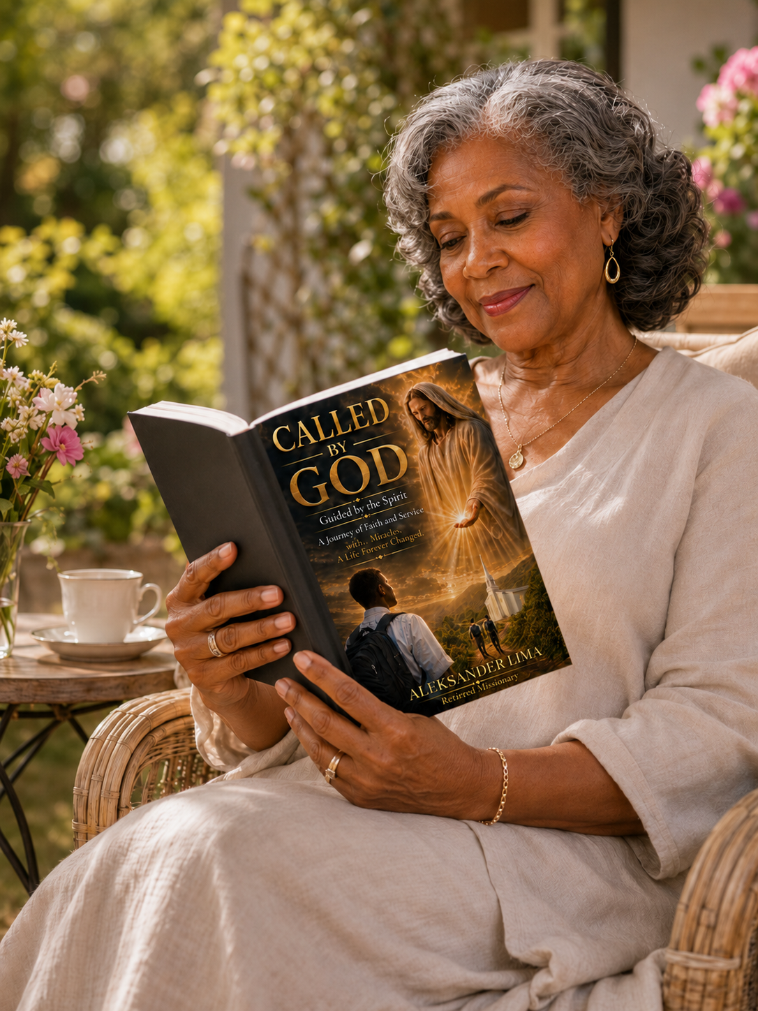 Older woman reading Called by God outdoors in a peaceful setting