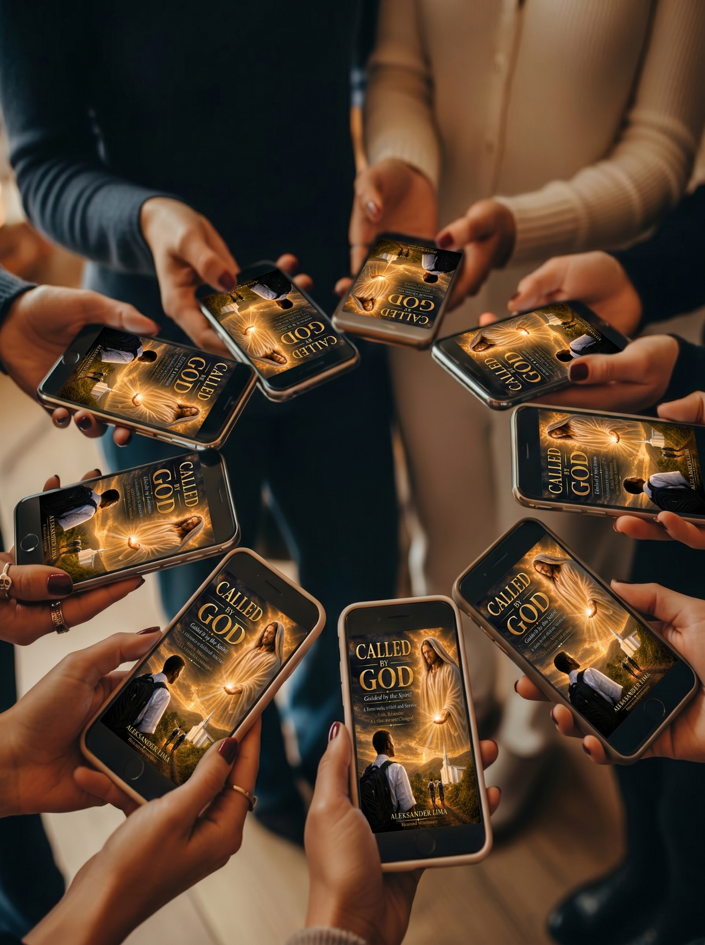 Group of people holding phones showing the Called by God ebook cover