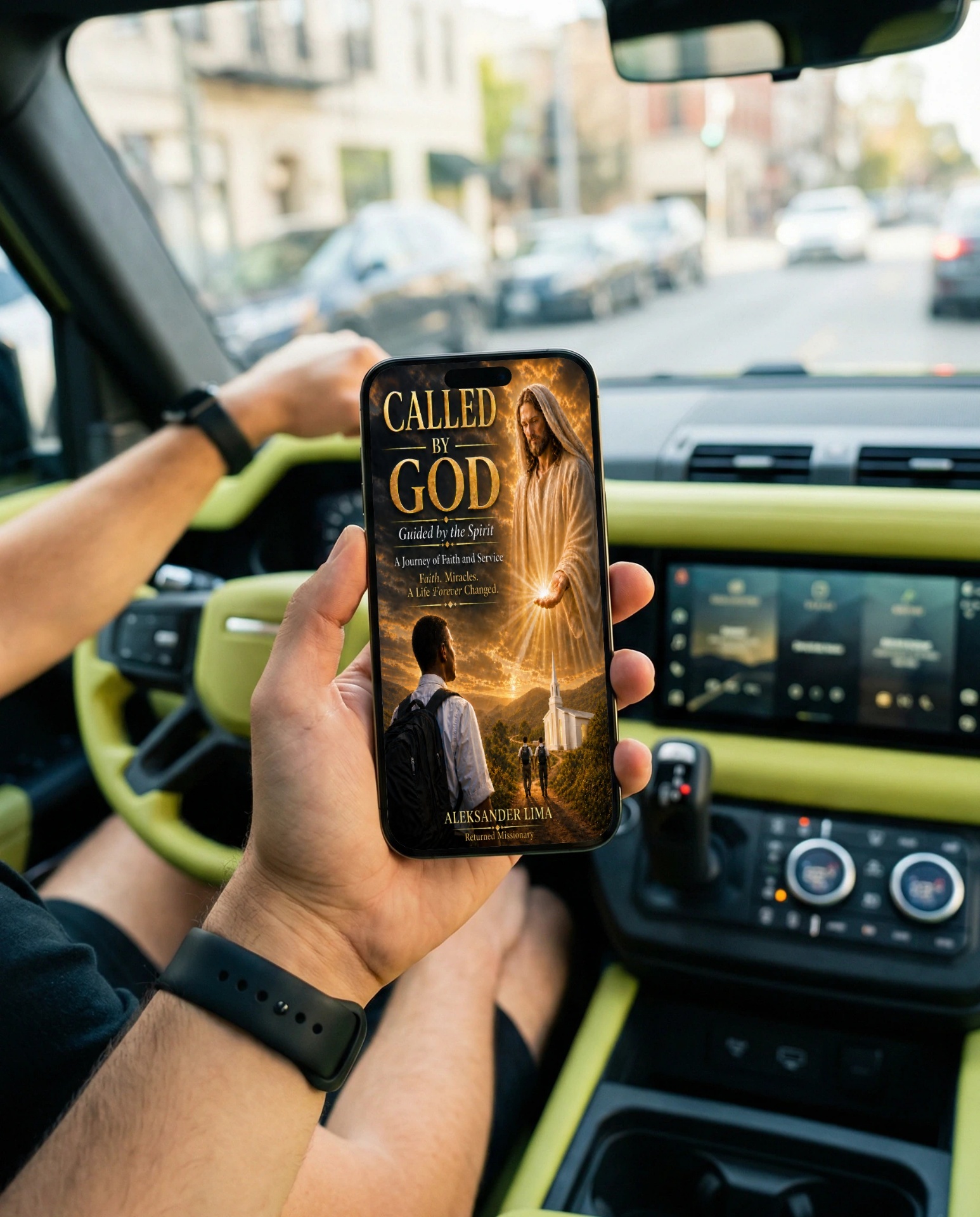 Driver holding the Called by God ebook on a phone inside a car